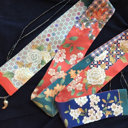 [오색채담] 민화패턴 실크 트윌리 스카프(레드)