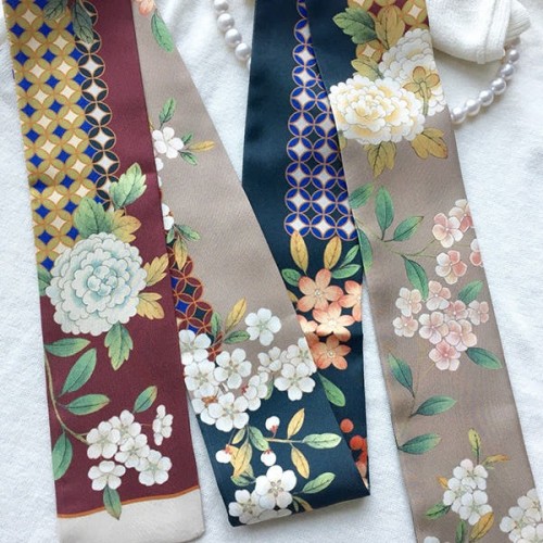 [오색채담] 민화패턴 실크 트윌리 스카프(그린)